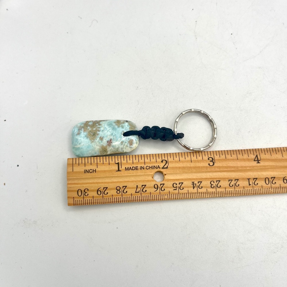 Larimar Keychain Blue Rectangular Polished Gemstone Key Ring Rope Pendant - Picture 3 of 3